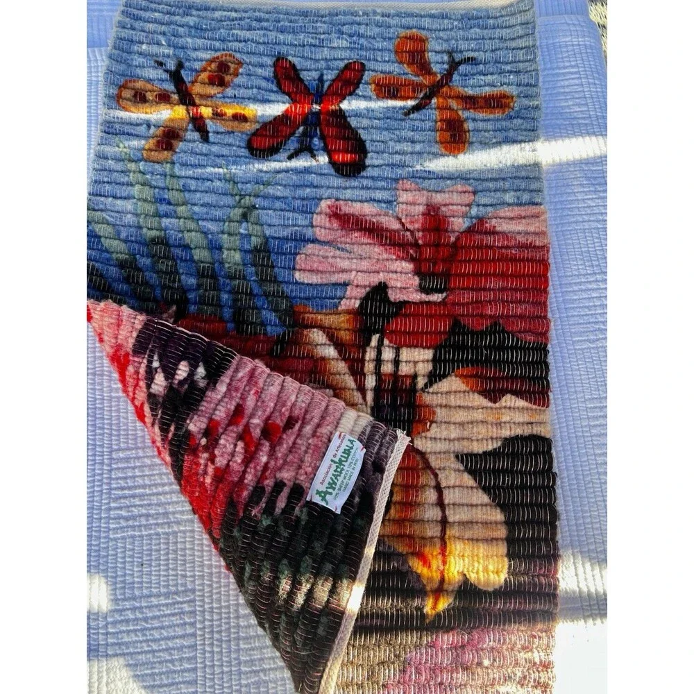 Vintage Handmade Peru Wool Butterfly Floral Tapestry Wall Hanging 23x15